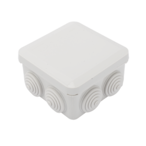 Caja Estanca, Derivación, Conexión de Plástico (89 X 89 X 50 mm) con 7 Glándulas de Goma. Para Instalaciones Comerciales,  Residenciales e Industriales. Cerrado a Presión.